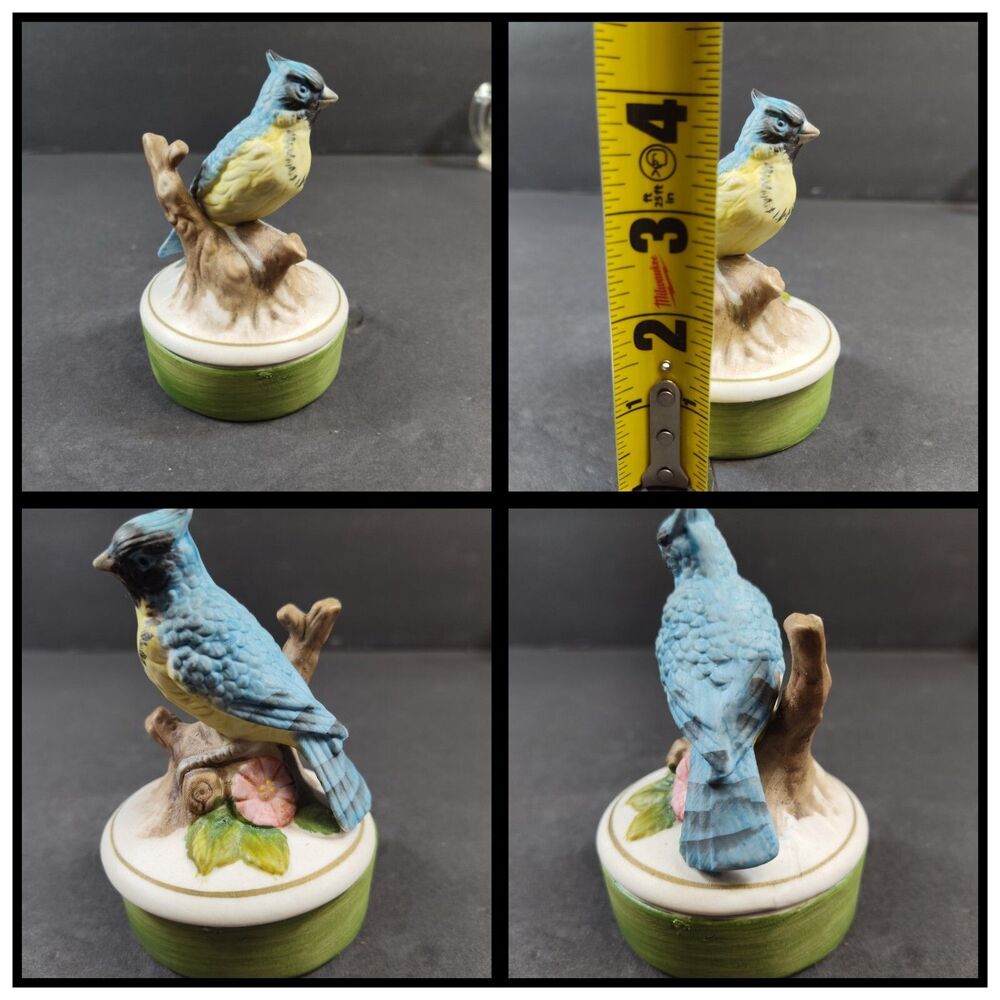 1950s Vintage Blue Jay Jewelry/Ring Box, Dish Bisque Trinket Keepsake Decor